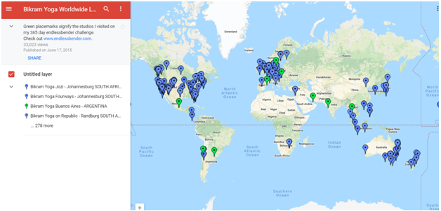 Bikram yoga on Google Maps worldwide