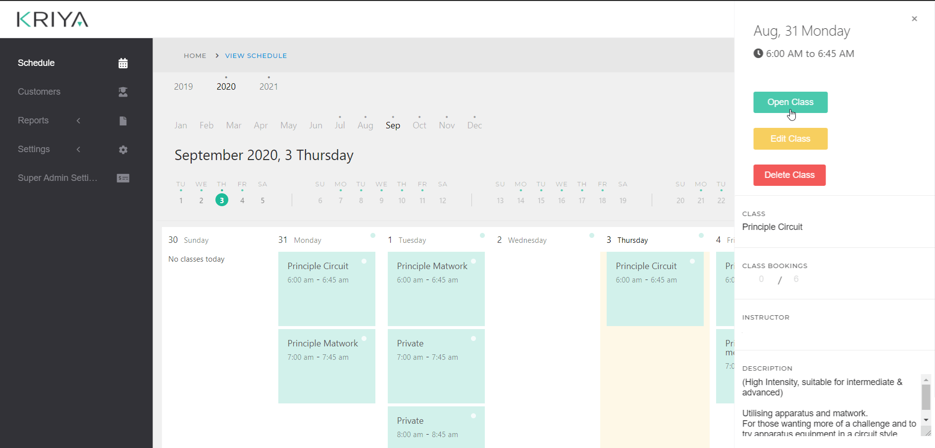 Pilates Classes Schedule - KRIYA Software