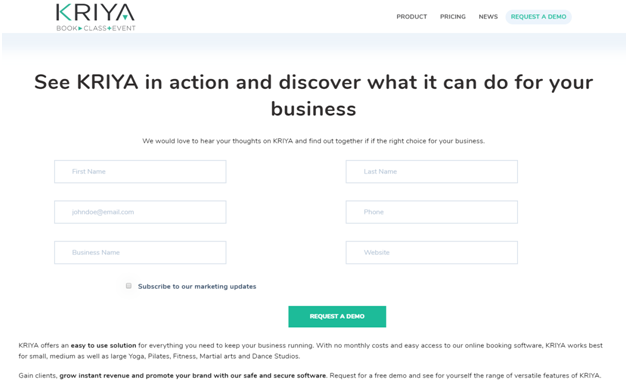 Request a demo of KRIYA Booking System