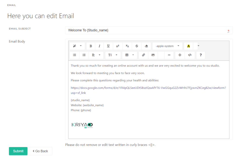 Welcome Confirmation Email Template -Kriya Software