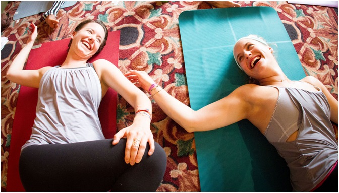 Yoga friends at yoga studio boosts the mood of yoga