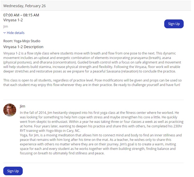 Yoga studio schedule showing detailed description of class