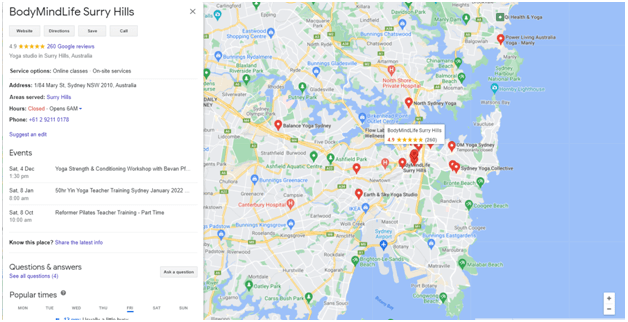Yoga studio in Sydney listed in Google Map