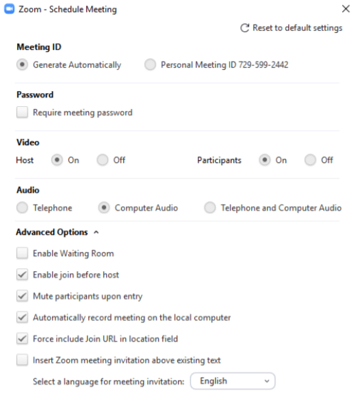 Zoom meeting settings and options