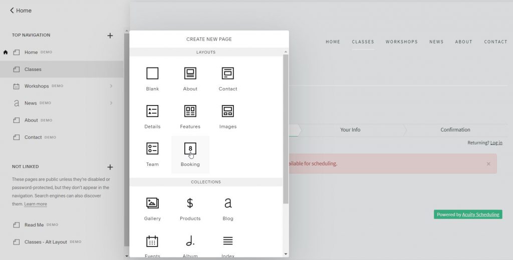 squarespace creating a new booking-page kriya class timetable